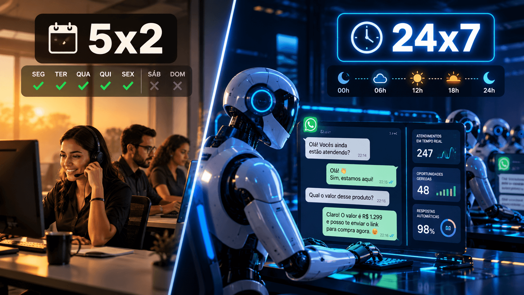 Montagem dividida ao meio: de um lado uma equipe humana atendendo num escritorio ao amanhecer; do outro, um robo respondendo um WhatsApp a noite, com 24x7 no painel.