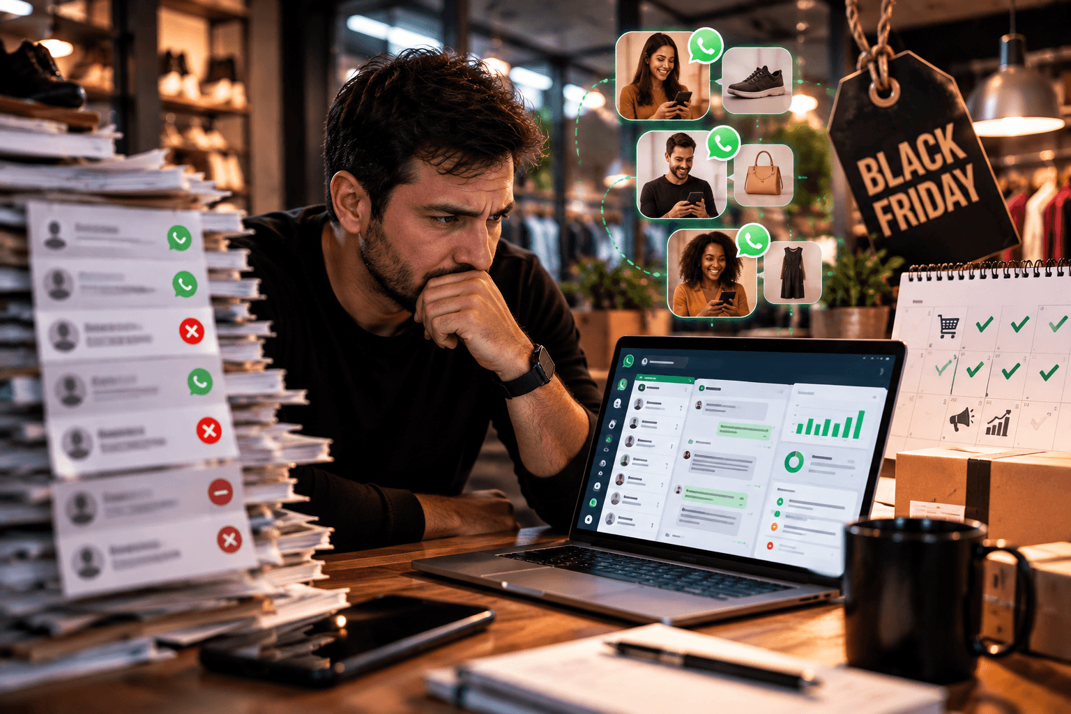 Um lojista olha o notebook com o WhatsApp aberto. Ao lado, uma pilha de fichas de contato, umas com o ícone verde do WhatsApp e outras com x vermelho. Atrás, uma etiqueta de Black Friday.