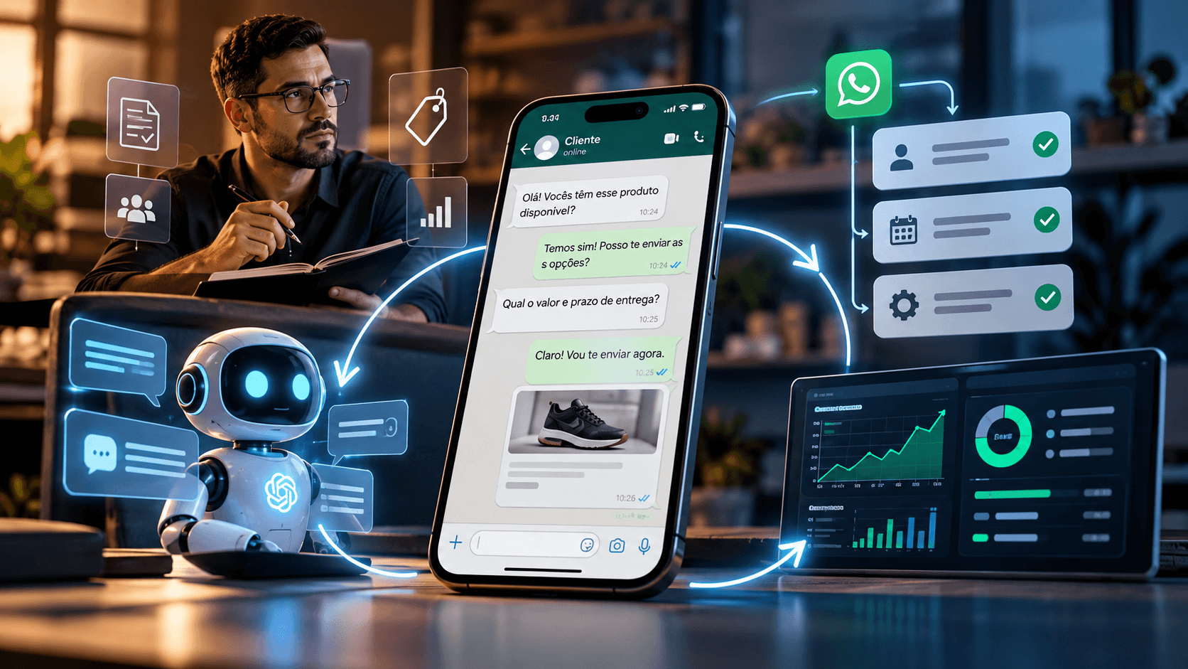 Um gestor anota num caderno enquanto um robô de atendimento, uma conversa de WhatsApp sobre um produto e um painel com gráficos de vendas se ligam por setas, formando um ciclo.