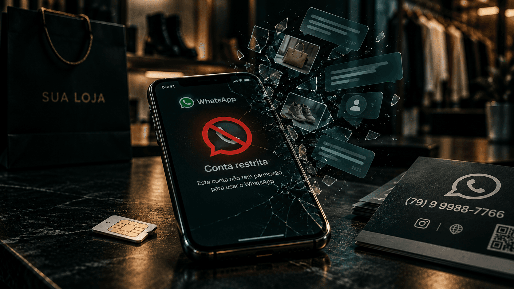 Celular no balcão de uma loja com a tela trincada mostrando conta restrita, e saindo da trinca as conversas, as fotos dos produtos e os contatos; ao lado, um chip solto e cartões de visita