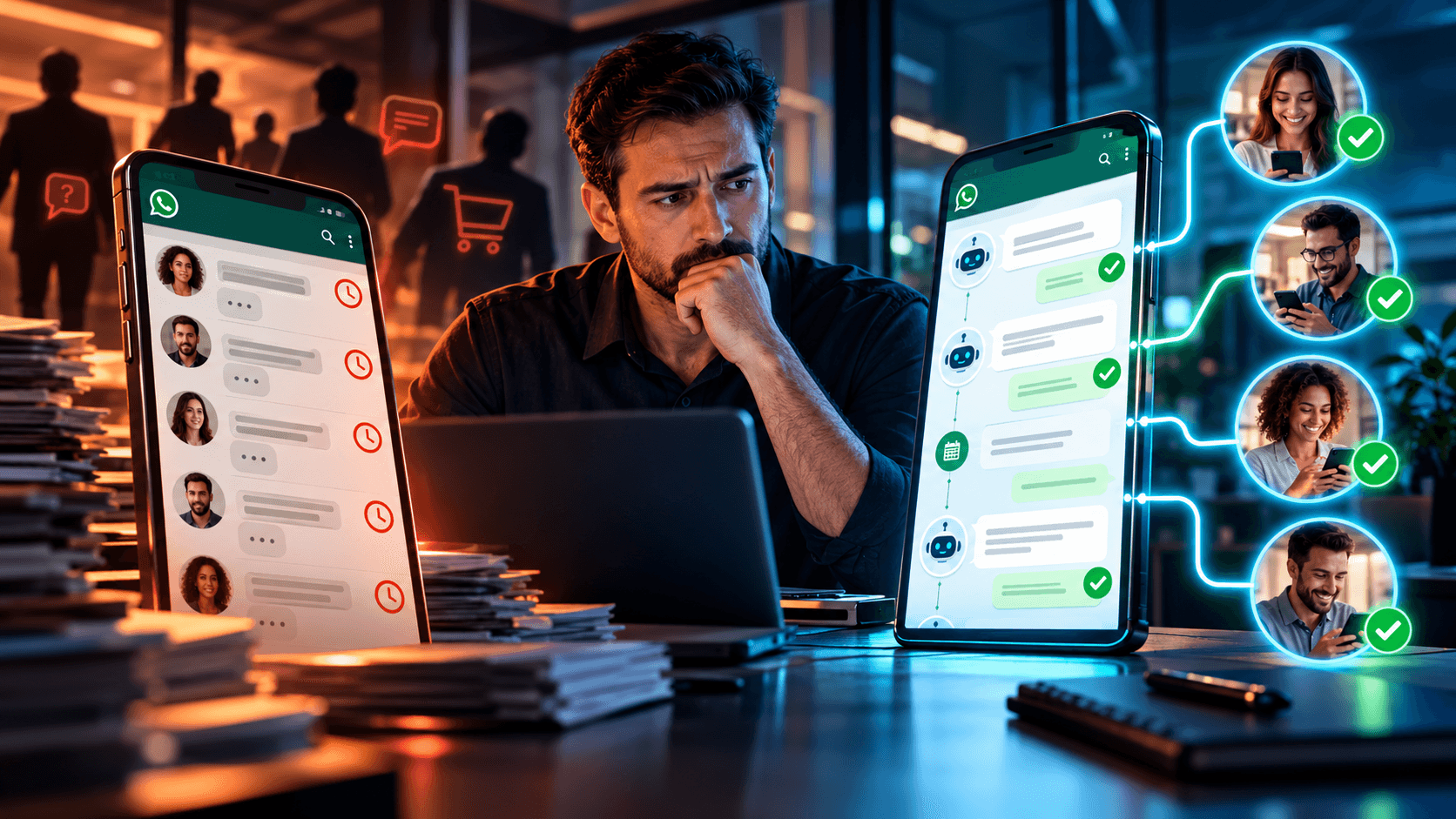 Homem olhando para o notebook entre dois celulares: em um deles, conversas de WhatsApp marcadas com relogio vermelho; no outro, conversas respondidas com visto verde.