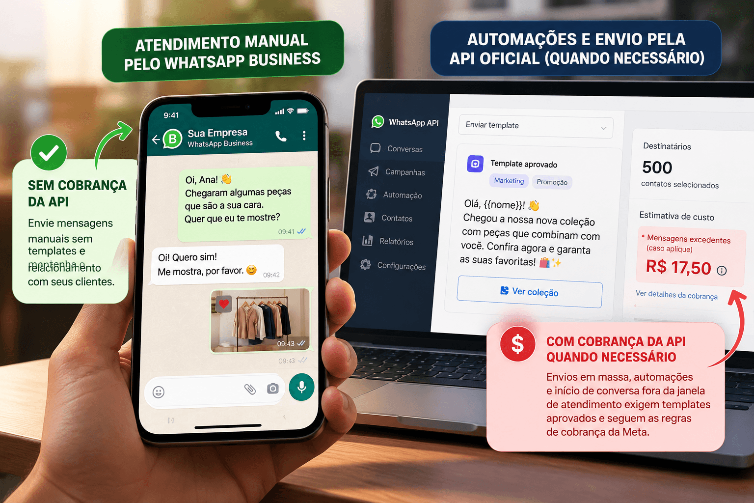 Celular com uma conversa manual no WhatsApp Business ao lado de um notebook com o painel da API Oficial, mostrando o envio de um template para 500 contatos e a estimativa de custo.