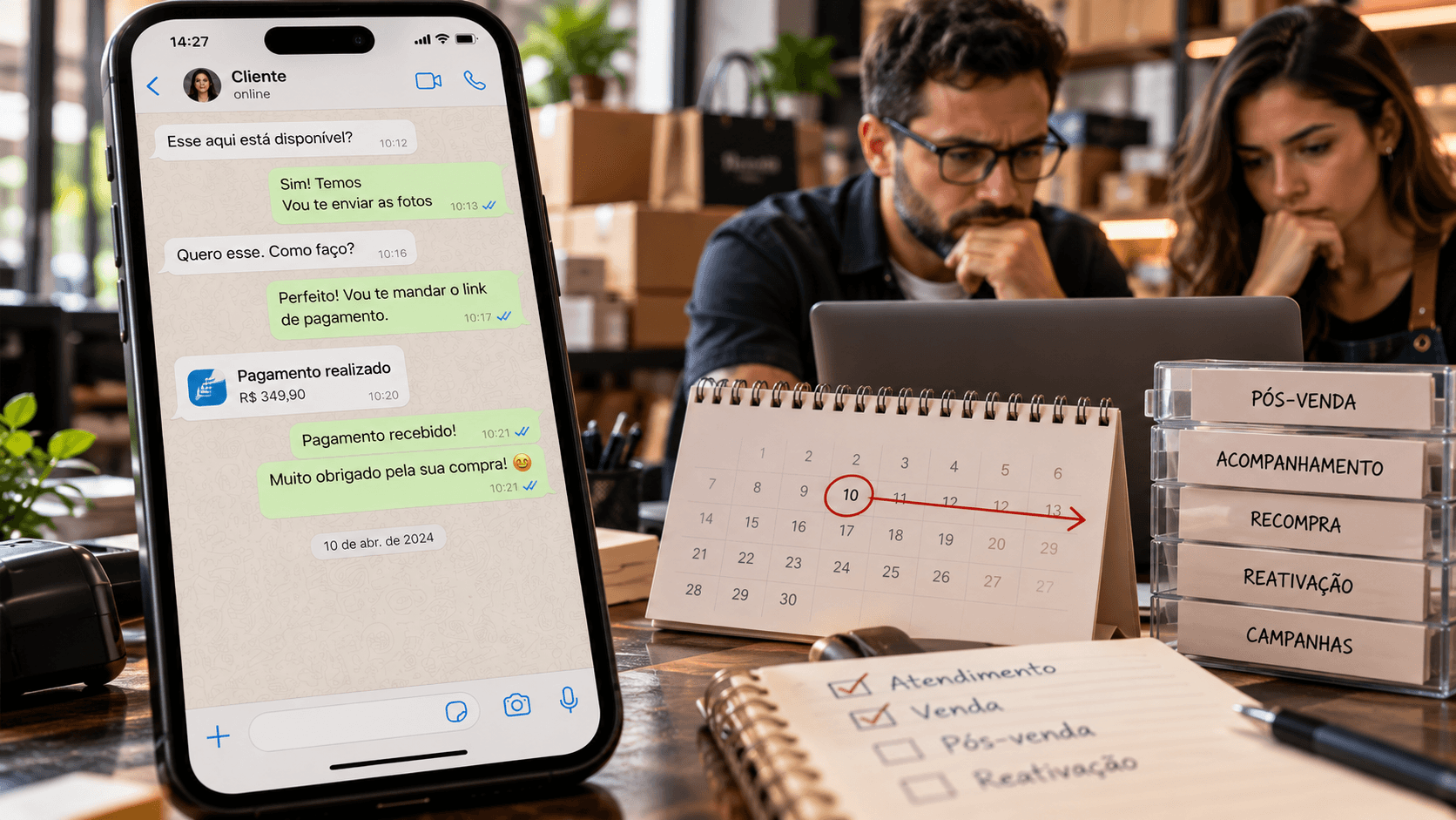 No celular, uma conversa de venda termina em Pagamento recebido. Ao lado, um calendário com o dia 10 circulado e caixas etiquetadas pós-venda, acompanhamento, recompra e reativação.