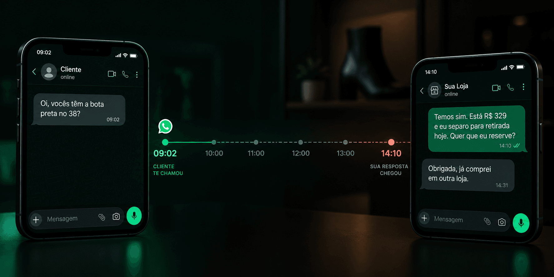 Duas telas de celular lado a lado: na primeira a cliente pergunta às 09:02 e na segunda a loja responde às 14:10, com a linha do tempo entre as duas marcando cada hora até o vermelho