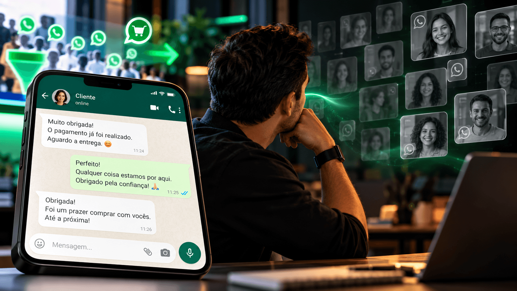 Homem olha uma conversa de WhatsApp que terminou depois da compra, enquanto dezenas de rostos de clientes aparecem apagados ao lado.