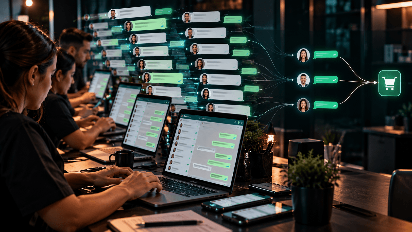 Equipe em fila diante de notebooks abertos no WhatsApp, com dezenas de balões de conversa saindo das telas e convergindo, por linhas finas, até um único ícone de carrinho de compras.