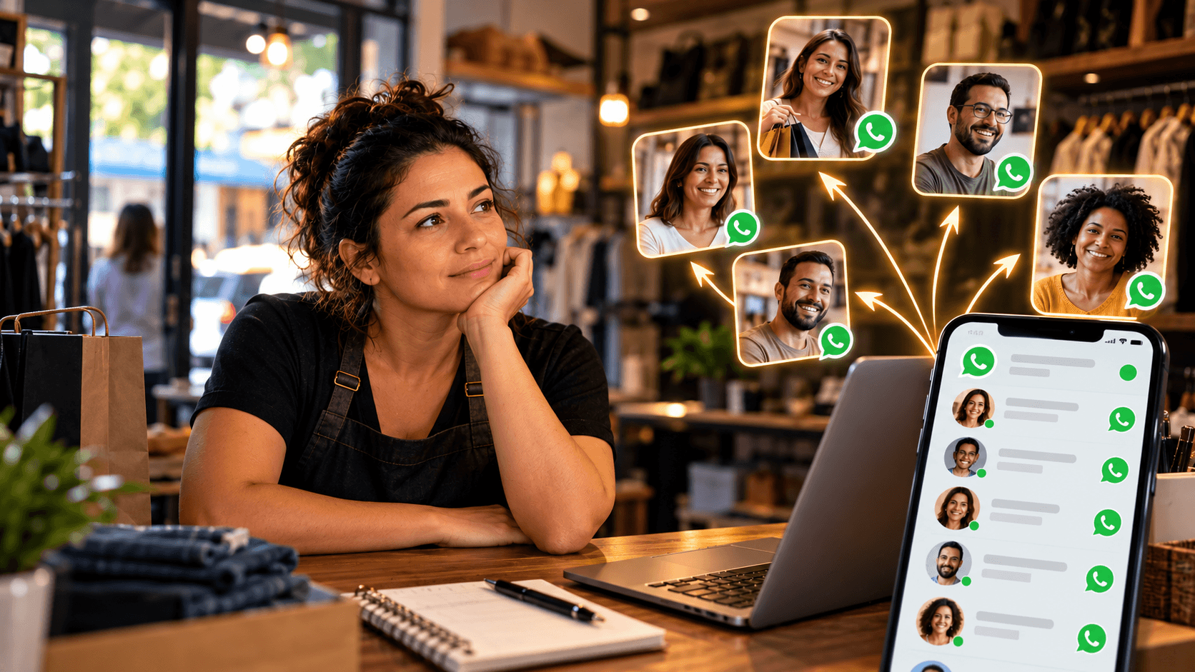 Uma lojista olha para o lado, com a mão no queixo. Do celular sobre a mesa saem, por setas, as fichas de cinco clientes sorrindo, cada uma com o ícone verde do WhatsApp.