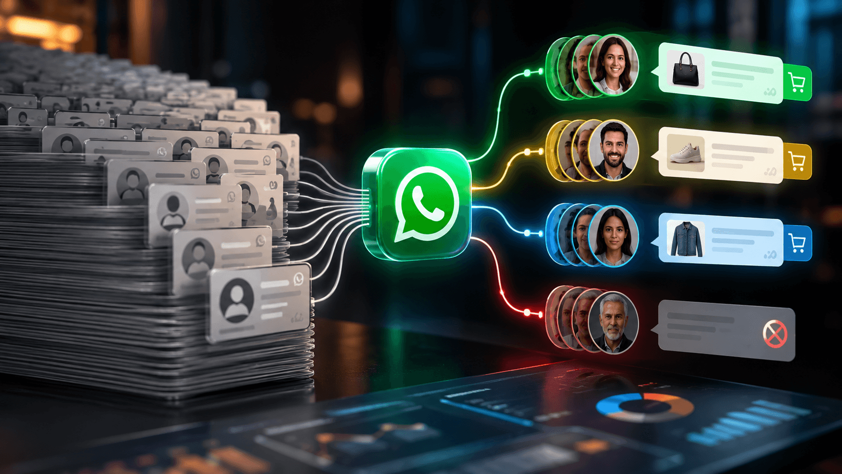 Uma pilha de fichas de contato iguais e cinzentas se divide em quatro caminhos coloridos, cada um terminando numa conversa de WhatsApp diferente: bolsa, tenis, jaqueta e uma cinza bloqueada.