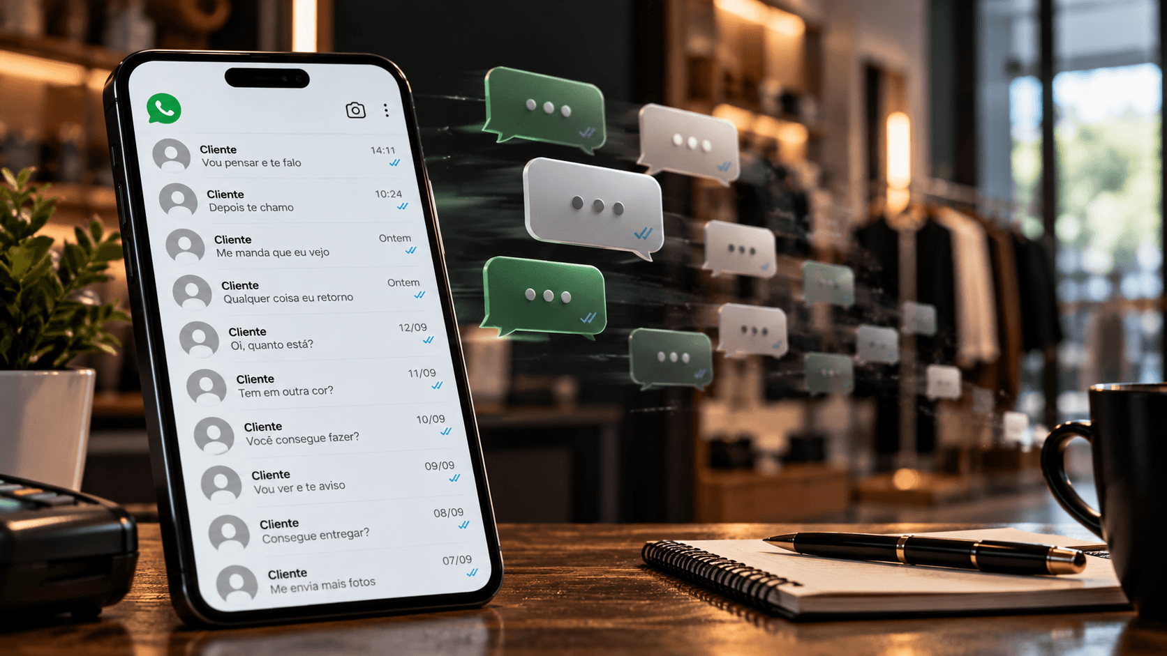 Celular numa loja com a lista de conversas do WhatsApp, e em todas a última mensagem é do cliente: vou pensar e te falo, depois te chamo, me manda que eu vejo; ao lado, balões se desfazendo no ar
